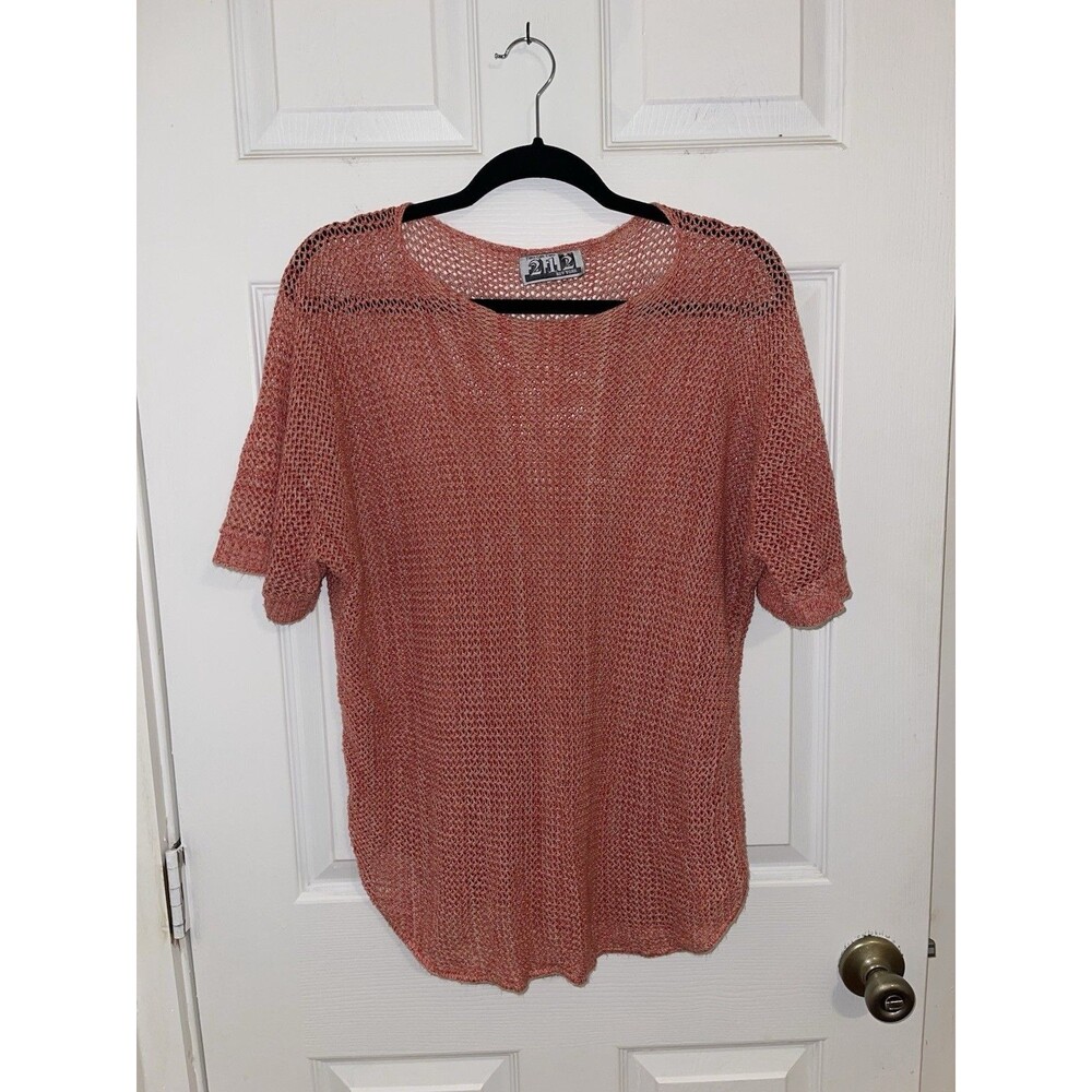 212 New York Woman’s Loose Knit Red Orange Short Sleeve Sweater 2XL